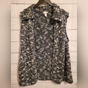 Chico’s Sweater Vest Open Front Sleeveless Blue Cream Brown Size 2